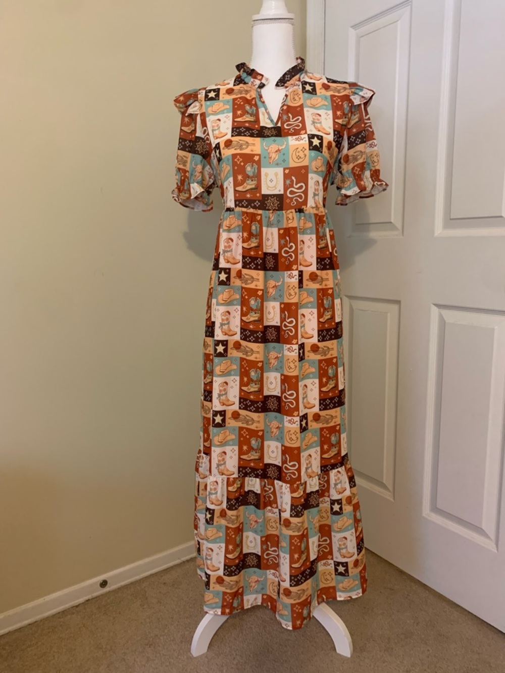 Simply Southern Patchwork Maxi Dress in Rust, Teal & Cream